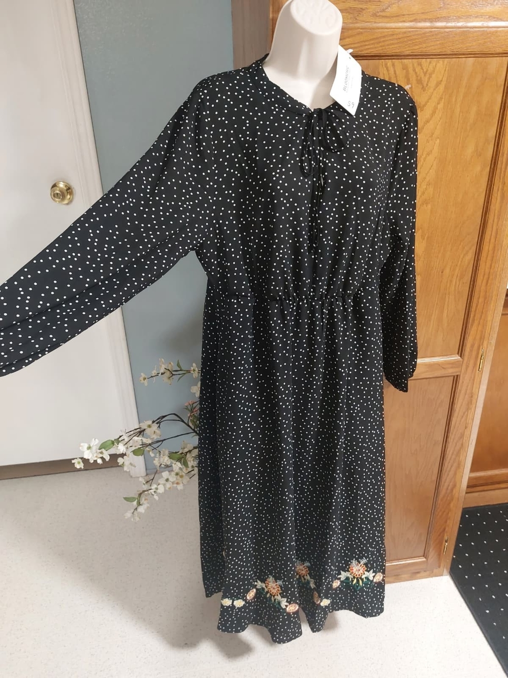 BloomChic Black Polka Dot Midi Dress with Floral Hem